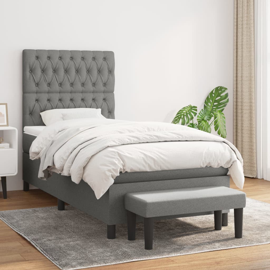 vidaXL Pat box spring cu saltea, gri închis, 90×200 cm, textil 90x200 imagine noua