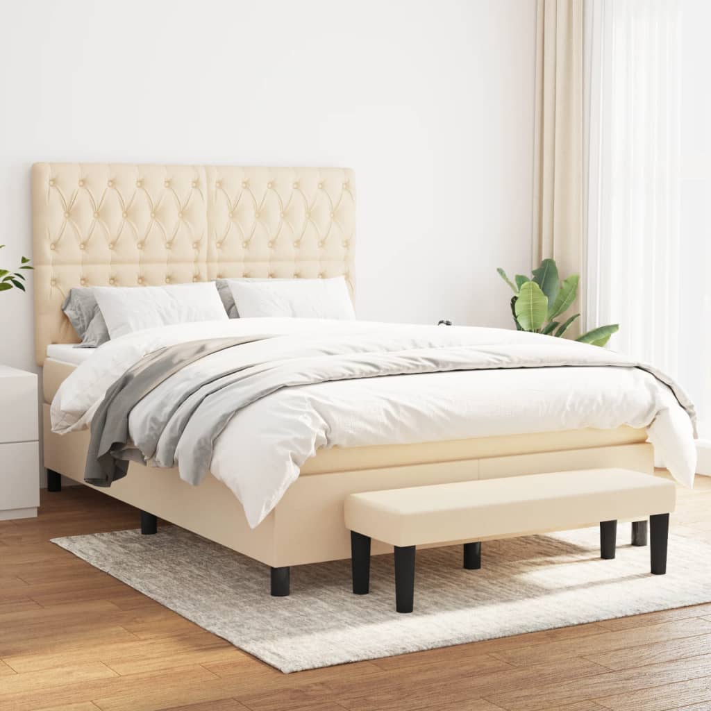 vidaXL Pat box spring cu saltea, crem, 140×200 cm, textil 140x200 imagine noua