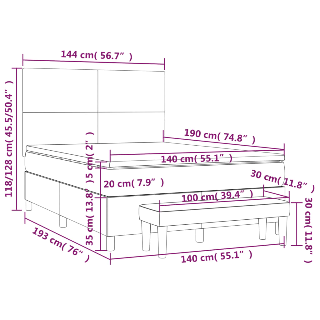 Pat box spring cu saltea, gri închis, 140x190 cm, textil