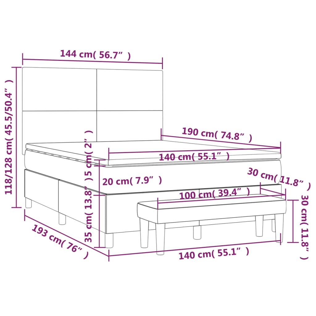 Pat box spring cu saltea, crem, 140x200 cm, textil