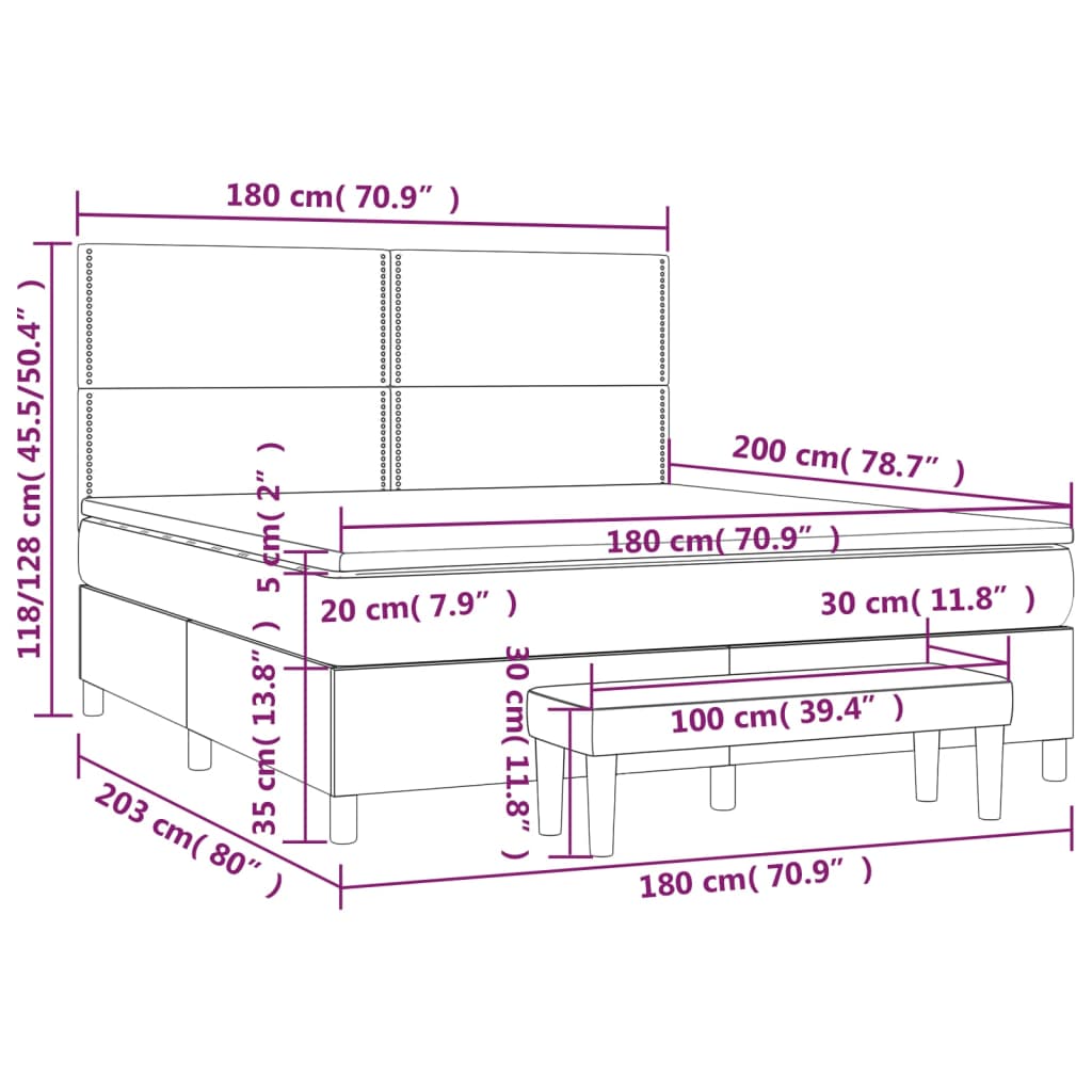 Łóżko kontynentalne czarne 203x180x118/128cm, Materac czarno-biały 180x200x20cm, Nakładka ochronna na materac biała 180x200x5cm, Ławka czarna 100x30x30cm