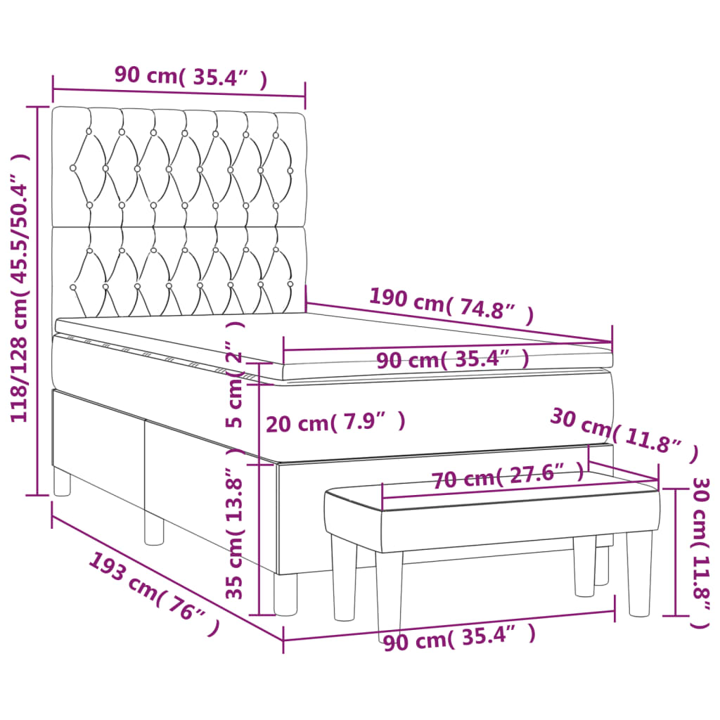 Pat box spring cu saltea, gri închis, 90x190 cm, textil