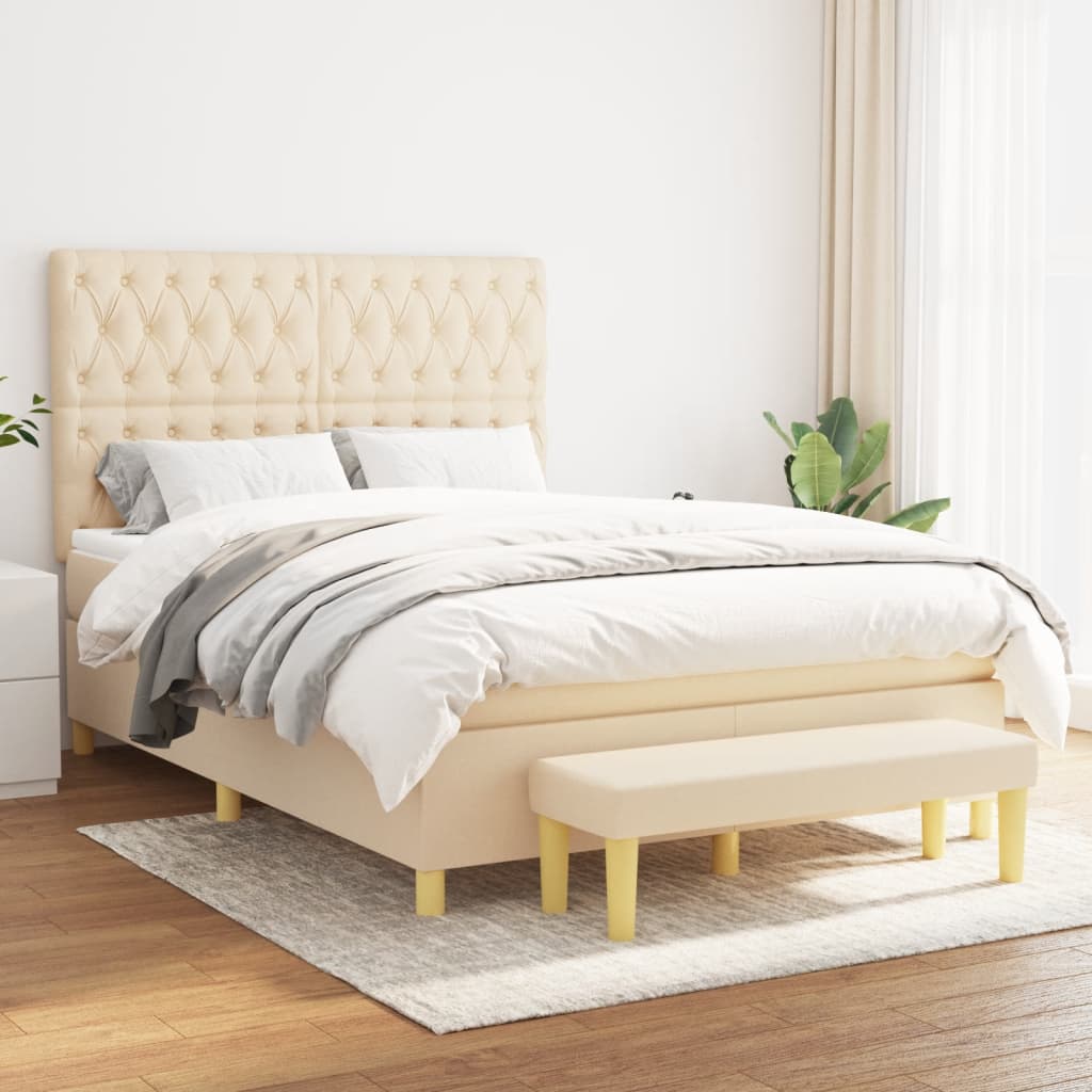 vidaXL Pat box spring cu saltea, crem, 140×200 cm, textil