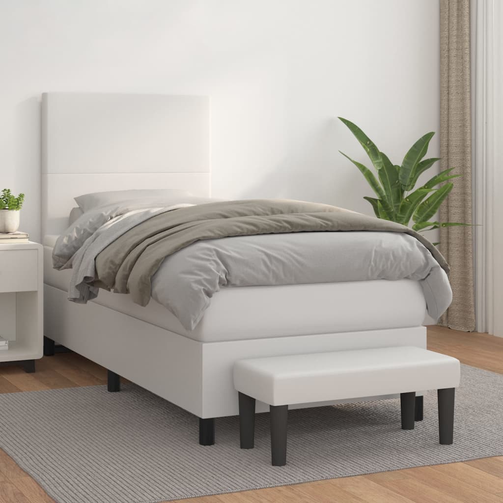 vidaXL Pat box spring cu saltea, alb, 90x190 cm, piele ecologică