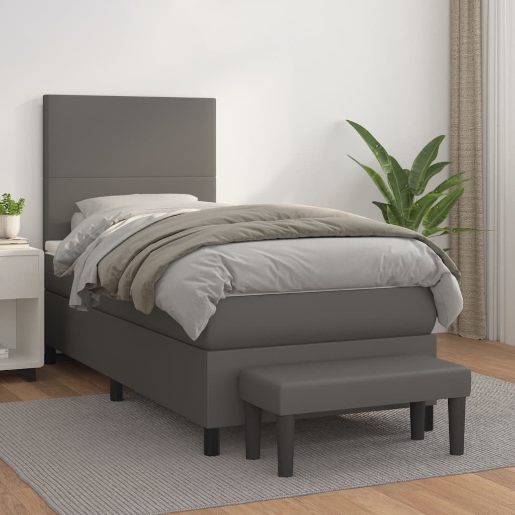 vidaXL Pat box spring cu saltea, gri, 90x190 cm, piele ecologică