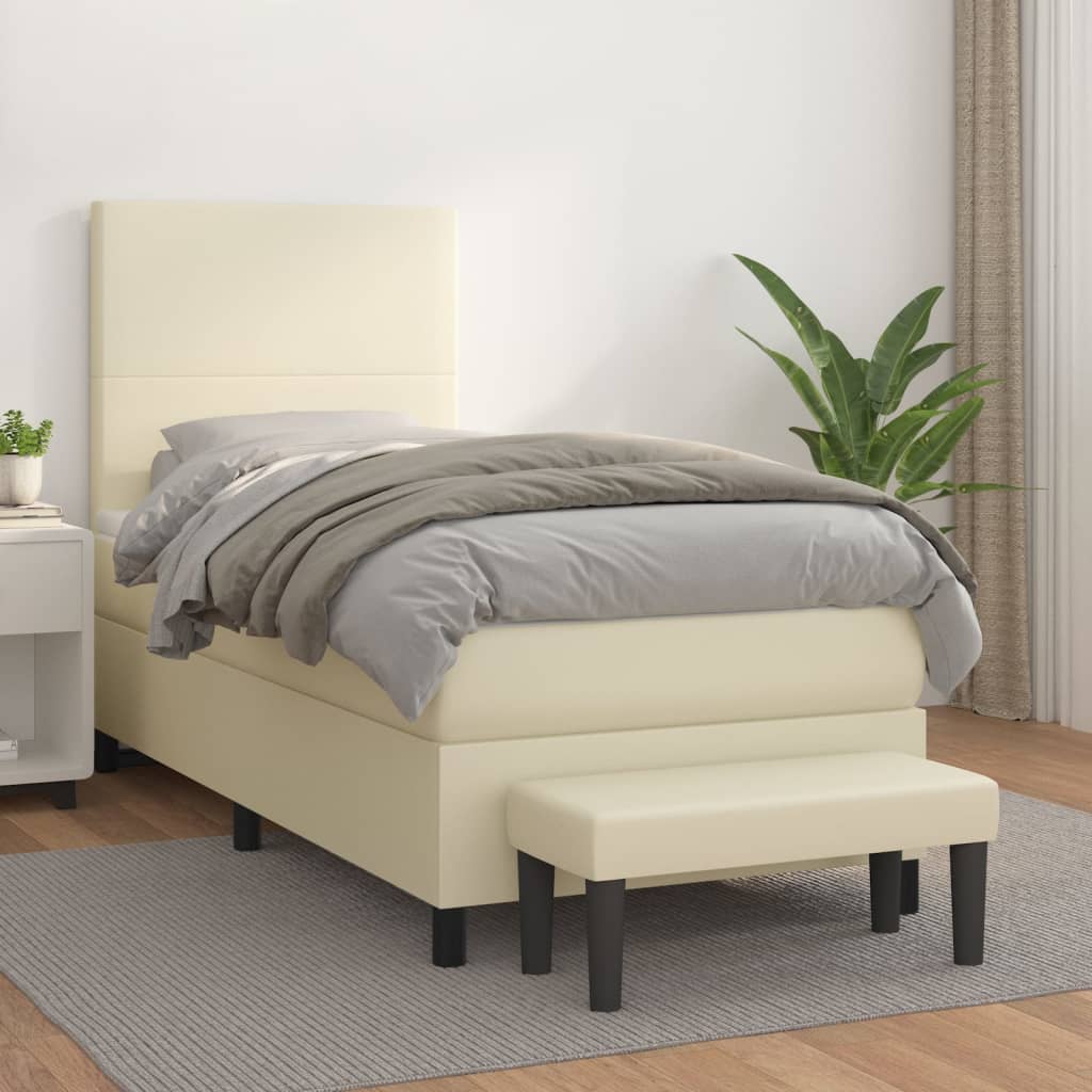 vidaXL Pat box spring cu saltea, crem, 90x200 cm, piele ecologică