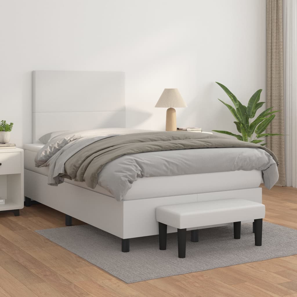 vidaXL Pat box spring cu saltea, alb, 120x200 cm, piele ecologică