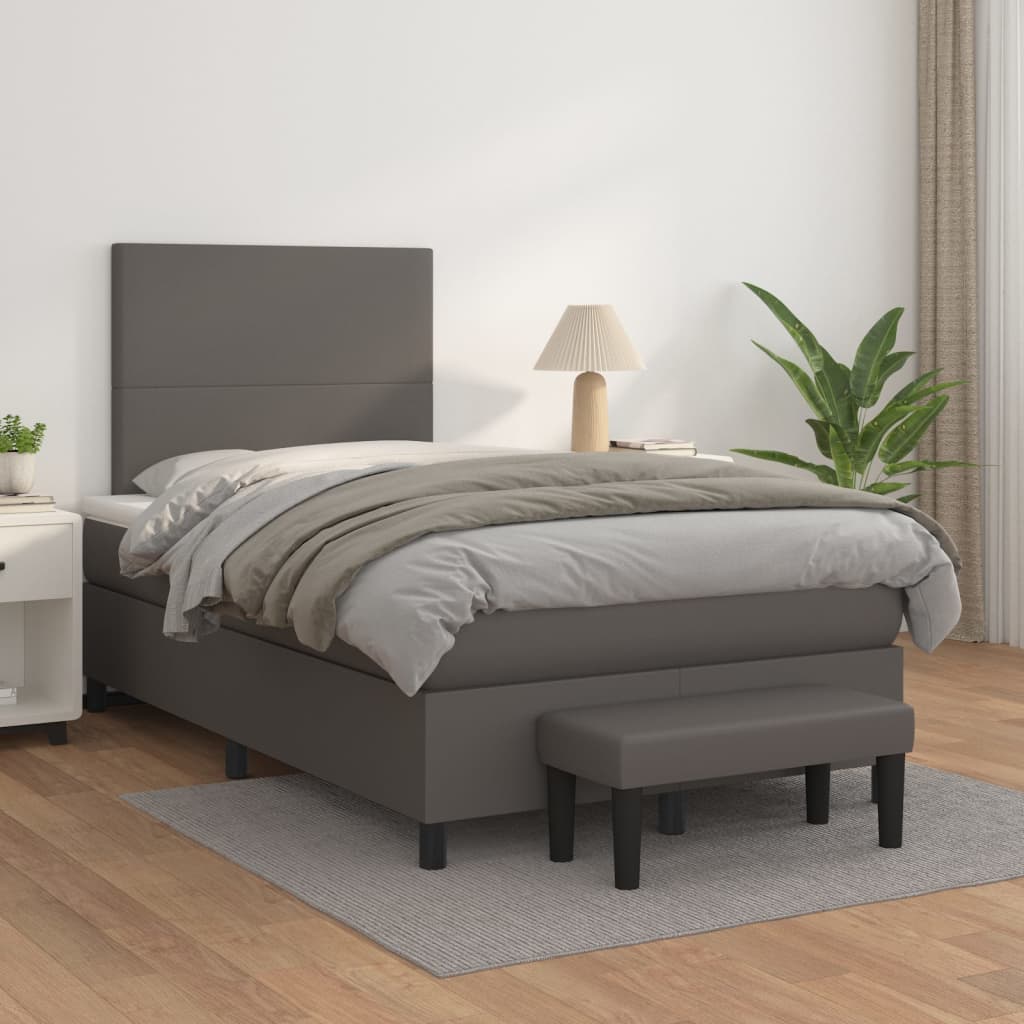 vidaXL Pat box spring cu saltea, gri, 120x200 cm, piele ecologică