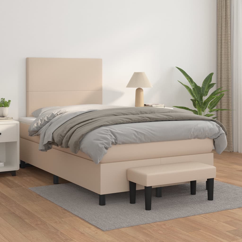 vidaXL Pat box spring cu saltea, cappuccino, 120x200cm piele ecologică