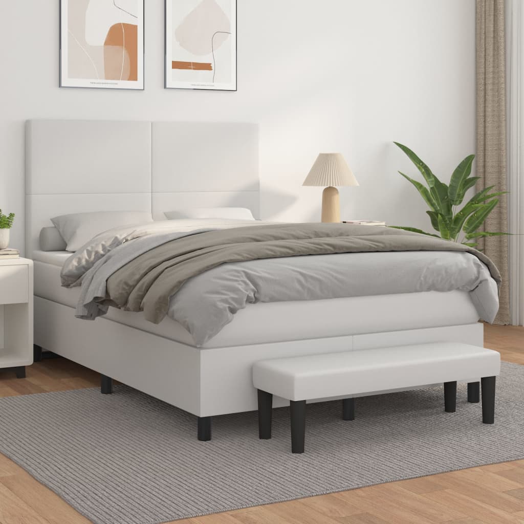 vidaXL Pat box spring cu saltea, alb, 140x190 cm, piele ecologică