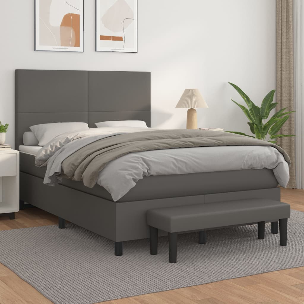 vidaXL Pat box spring cu saltea, gri, 140x190 cm, piele ecologică