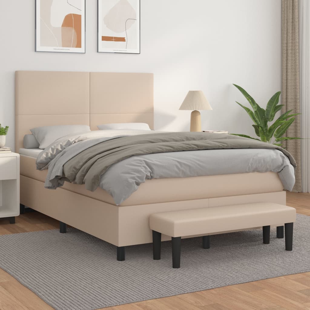 vidaXL Pat box spring cu saltea, cappuccino, 140x200cm piele ecologică