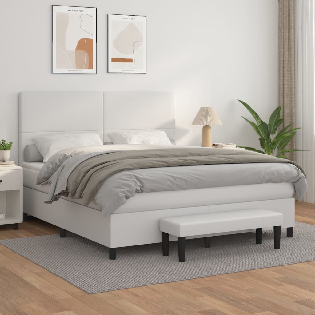 vidaXL Pat box spring cu saltea, alb, 160x200 cm, piele ecologică