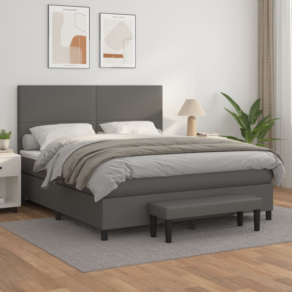 vidaXL Pat box spring cu saltea, gri, 160x200 cm, piele ecologică