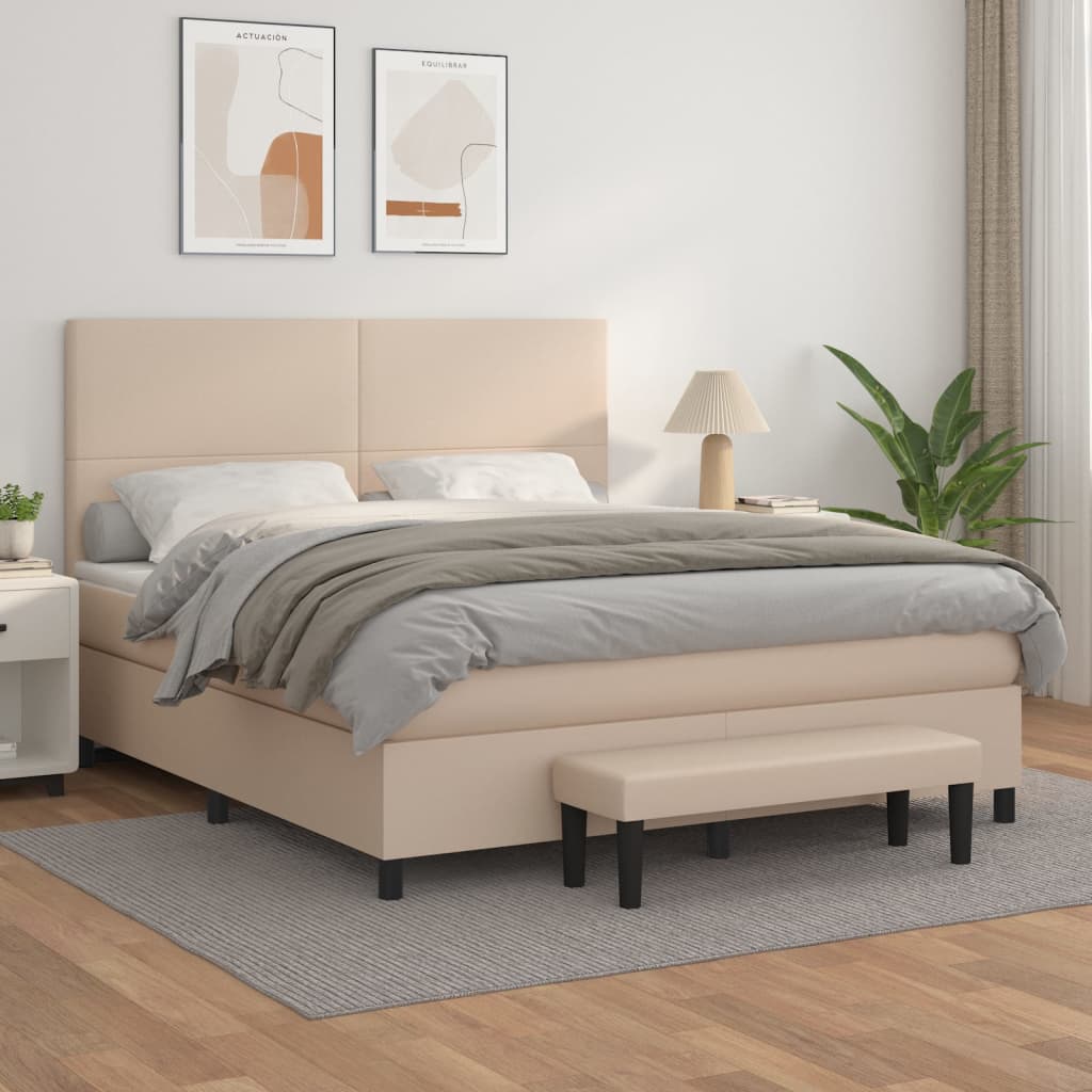 vidaXL Pat box spring cu saltea, cappuccino, 160x200cm piele ecologică