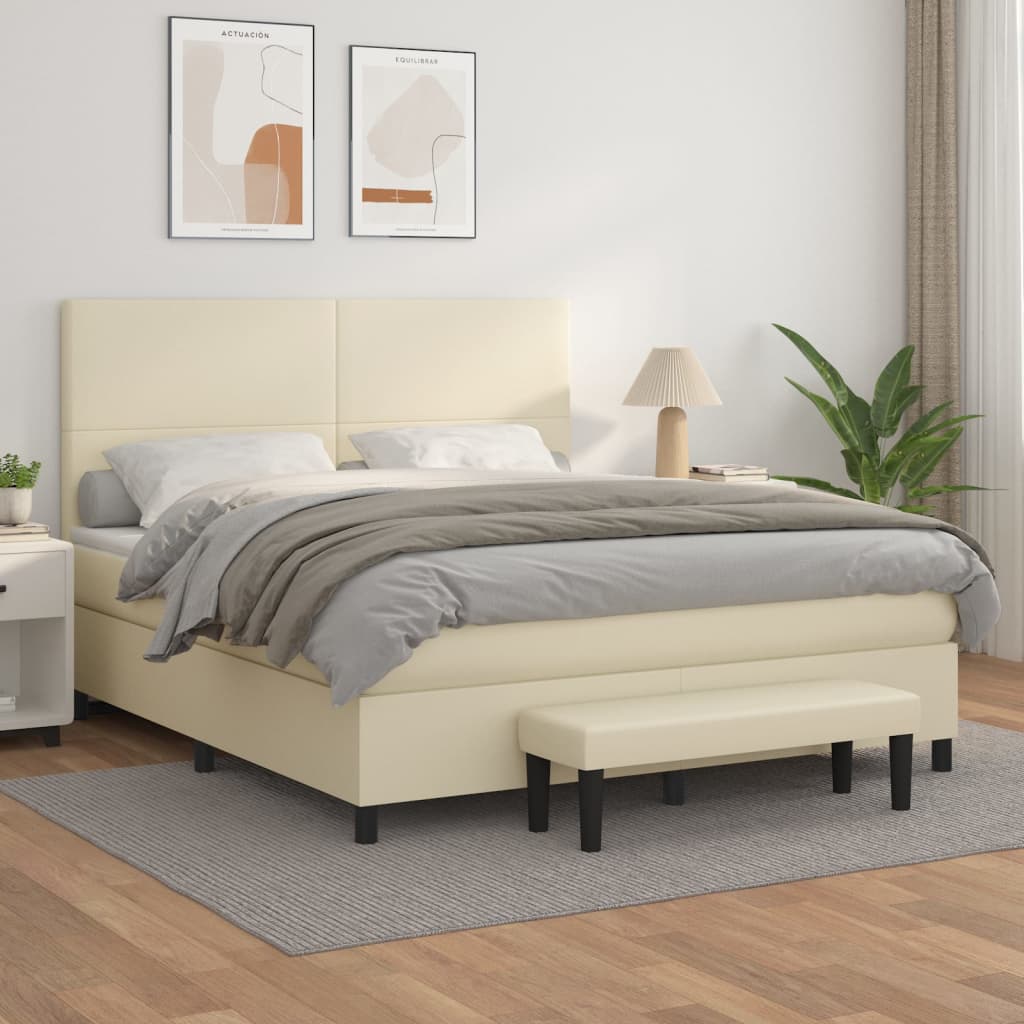 Pat box spring cu saltea, crem, 180x200 cm, piele ecologică