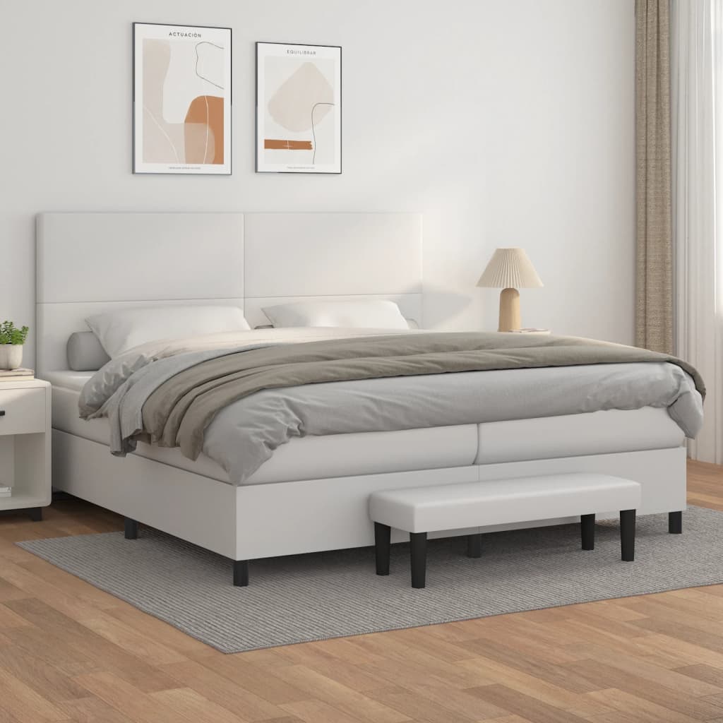 vidaXL Pat box spring cu saltea, alb, 200x200 cm, piele ecologică