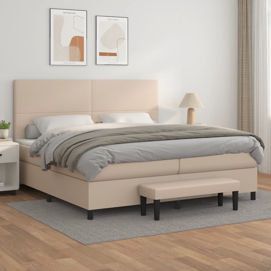 vidaXL Pat continental cu saltea, cappuccino, 200x200 cm, piele eco