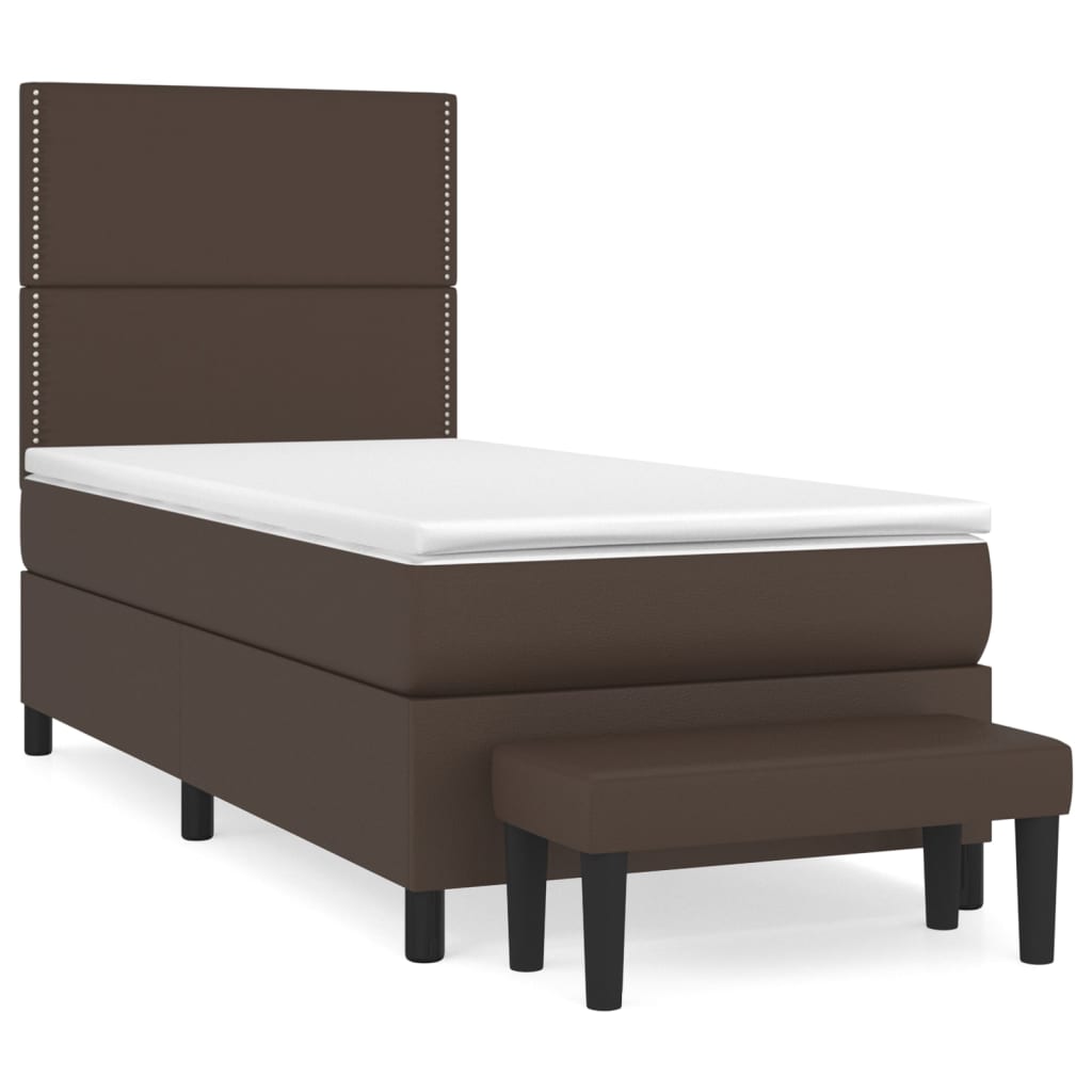 Pat box spring cu saltea, maro, 80x200 cm, piele ecologică