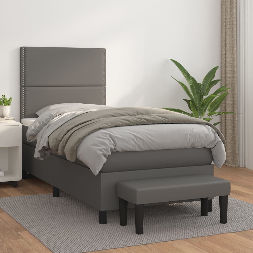 vidaXL Pat box spring cu saltea, gri, 90x190 cm, piele ecologică