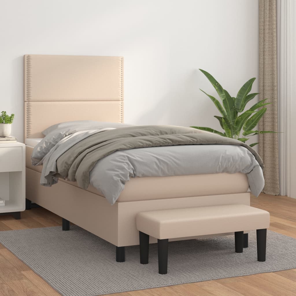 vidaXL Pat box spring cu saltea, cappuccino, 90x190 cm piele ecologică