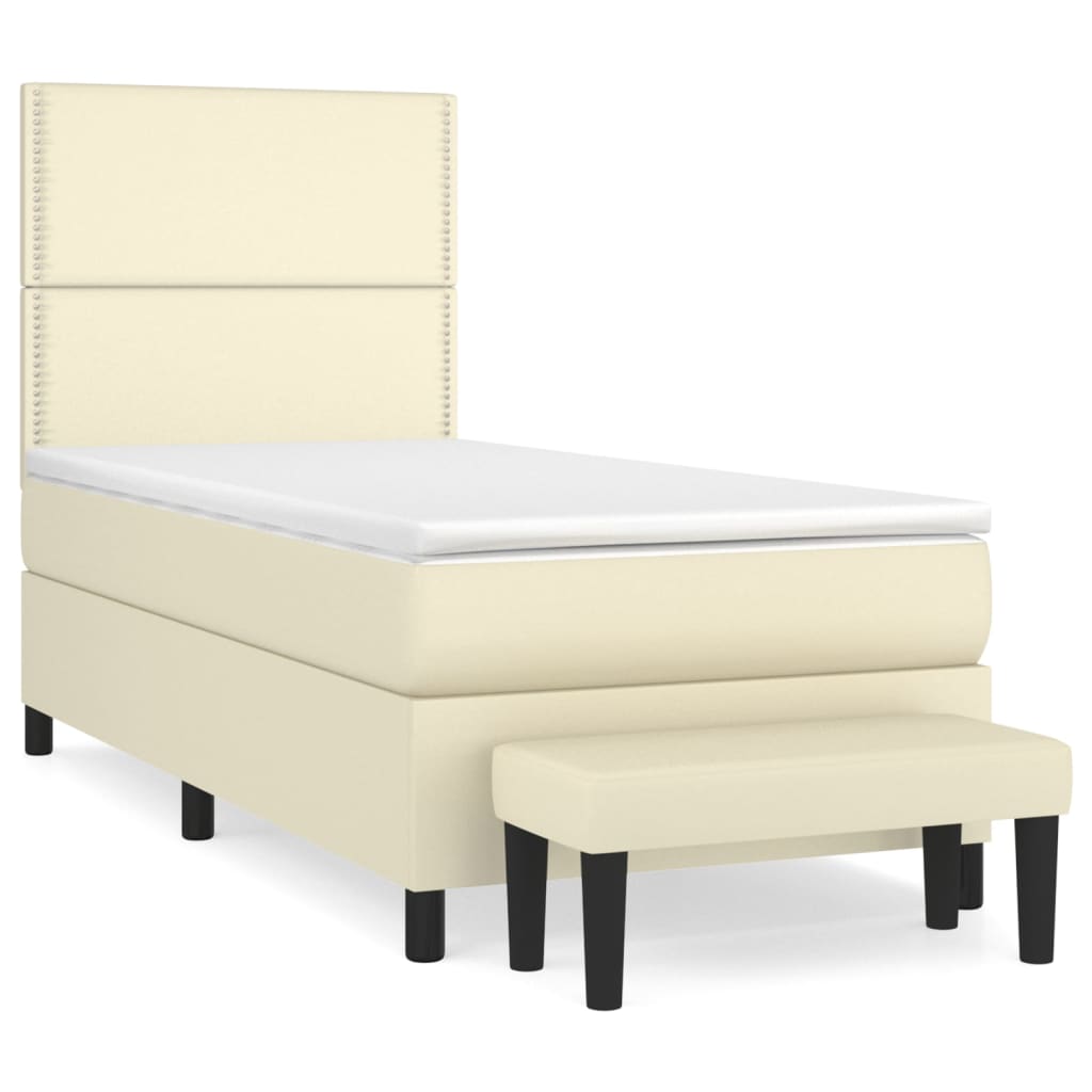 Pat box spring cu saltea, crem, 90x200 cm, piele ecologică