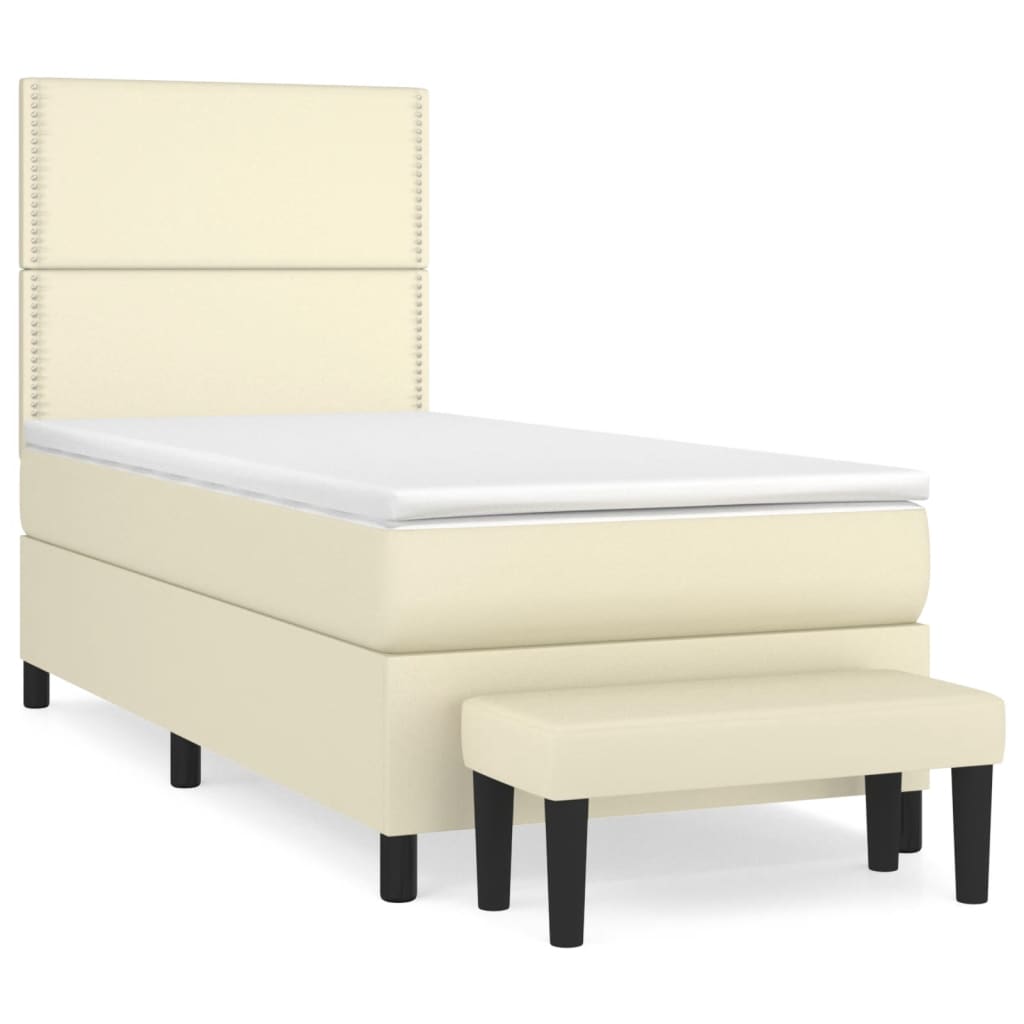 Pat box spring cu saltea, crem, 100x200 cm, piele ecologică