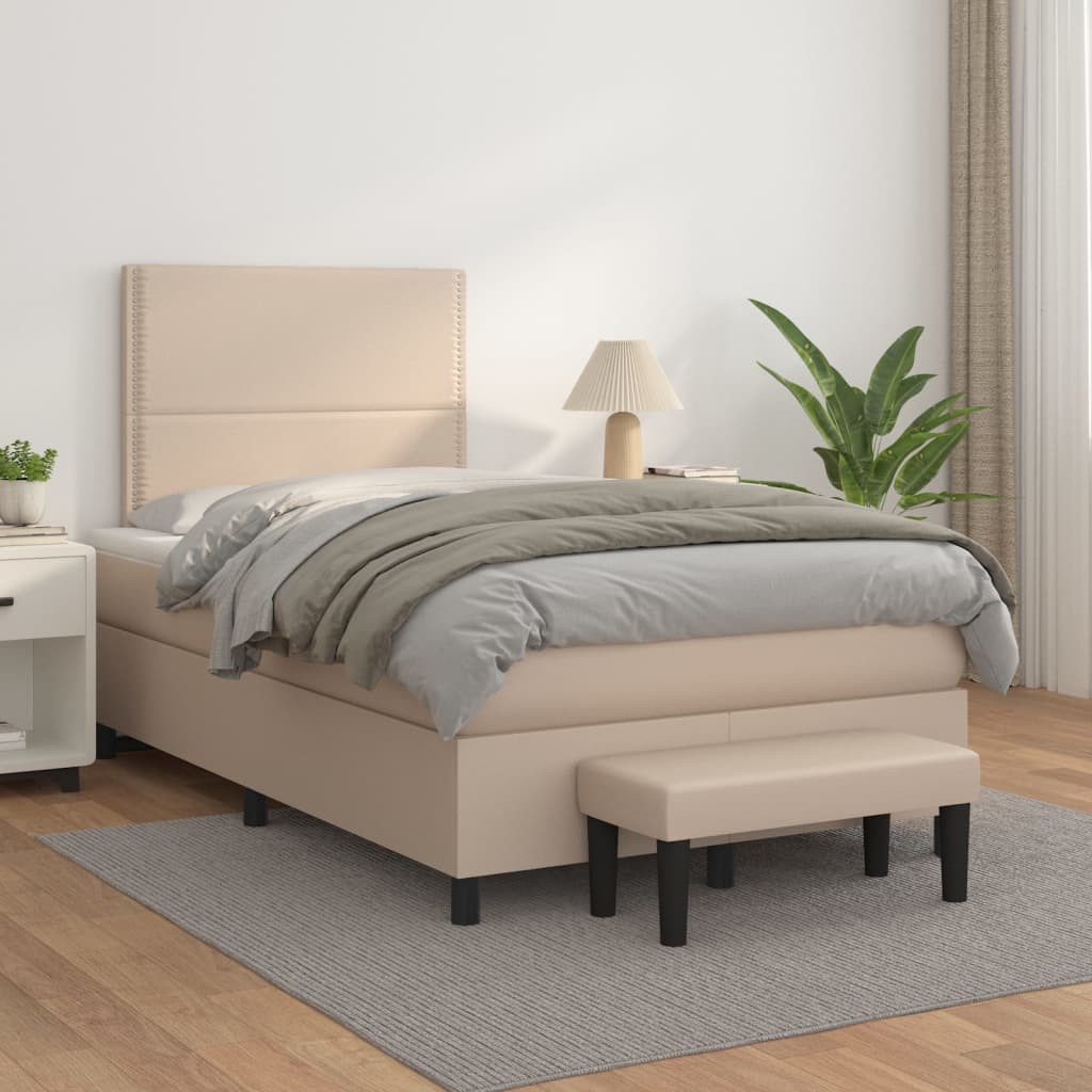 vidaXL Pat box spring cu saltea, cappuccino, 120x200cm piele ecologică