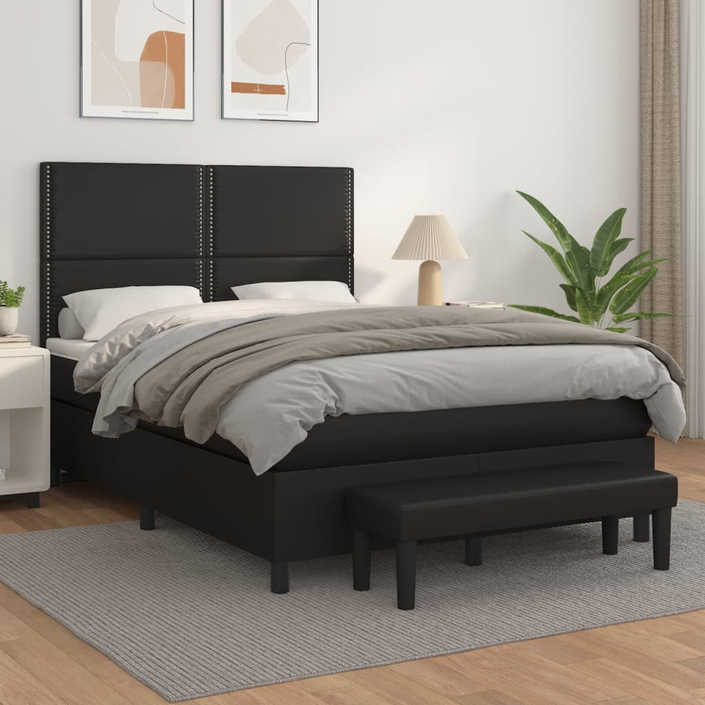 vidaXL Pat box spring cu saltea, negru, 140x190 cm, piele ecologică