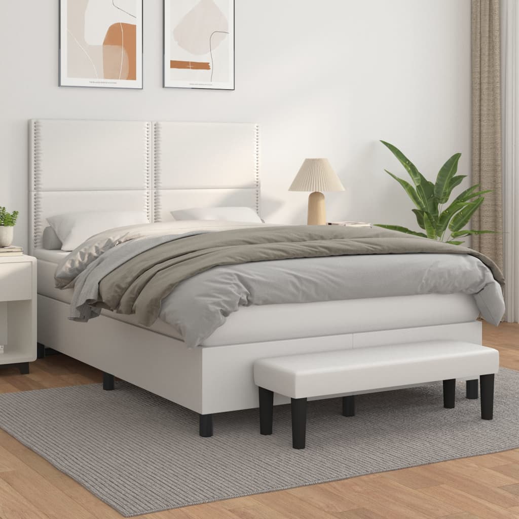 vidaXL Pat box spring cu saltea, alb, 140x190 cm, piele ecologică