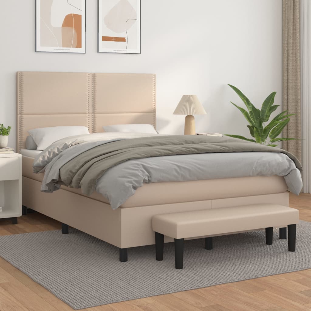 vidaXL Pat box spring cu saltea, cappuccino, 140x200cm piele ecologică