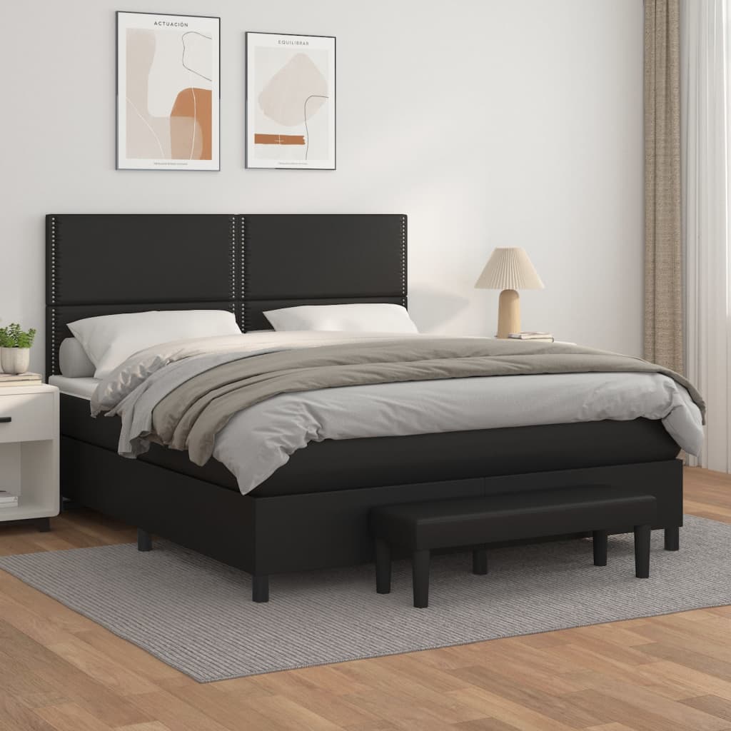 vidaXL Pat box spring cu saltea, negru, 160x200 cm, piele ecologică