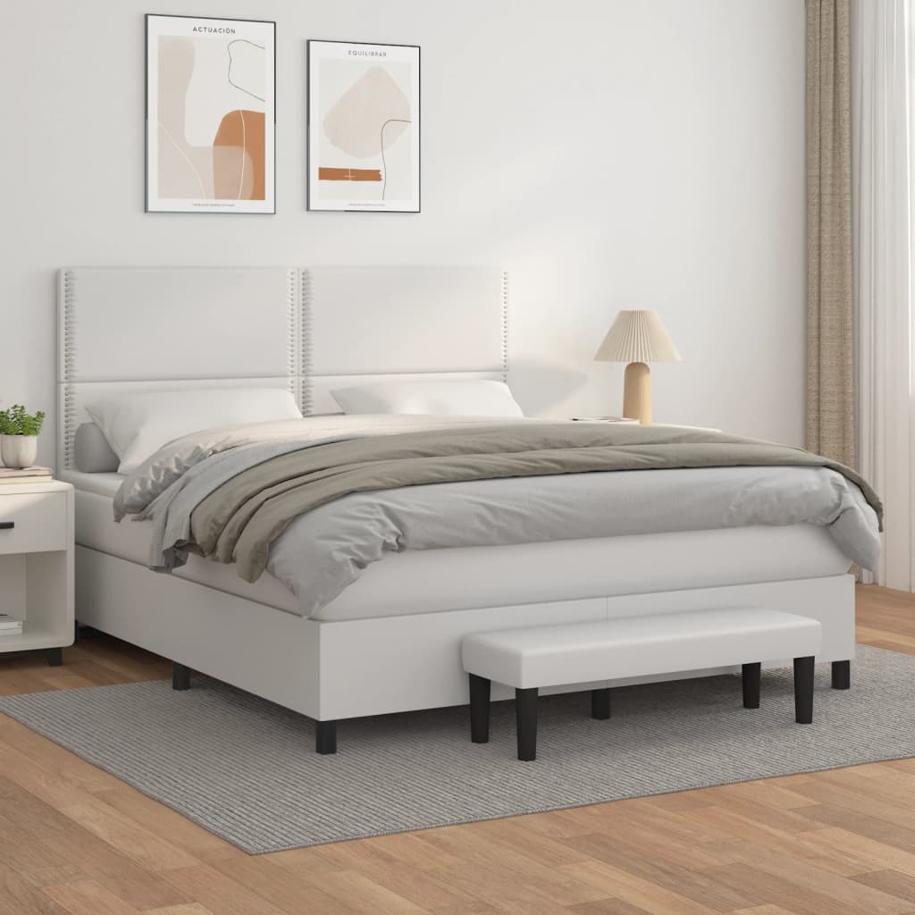 vidaXL Pat box spring cu saltea, alb, 160x200 cm, piele ecologică