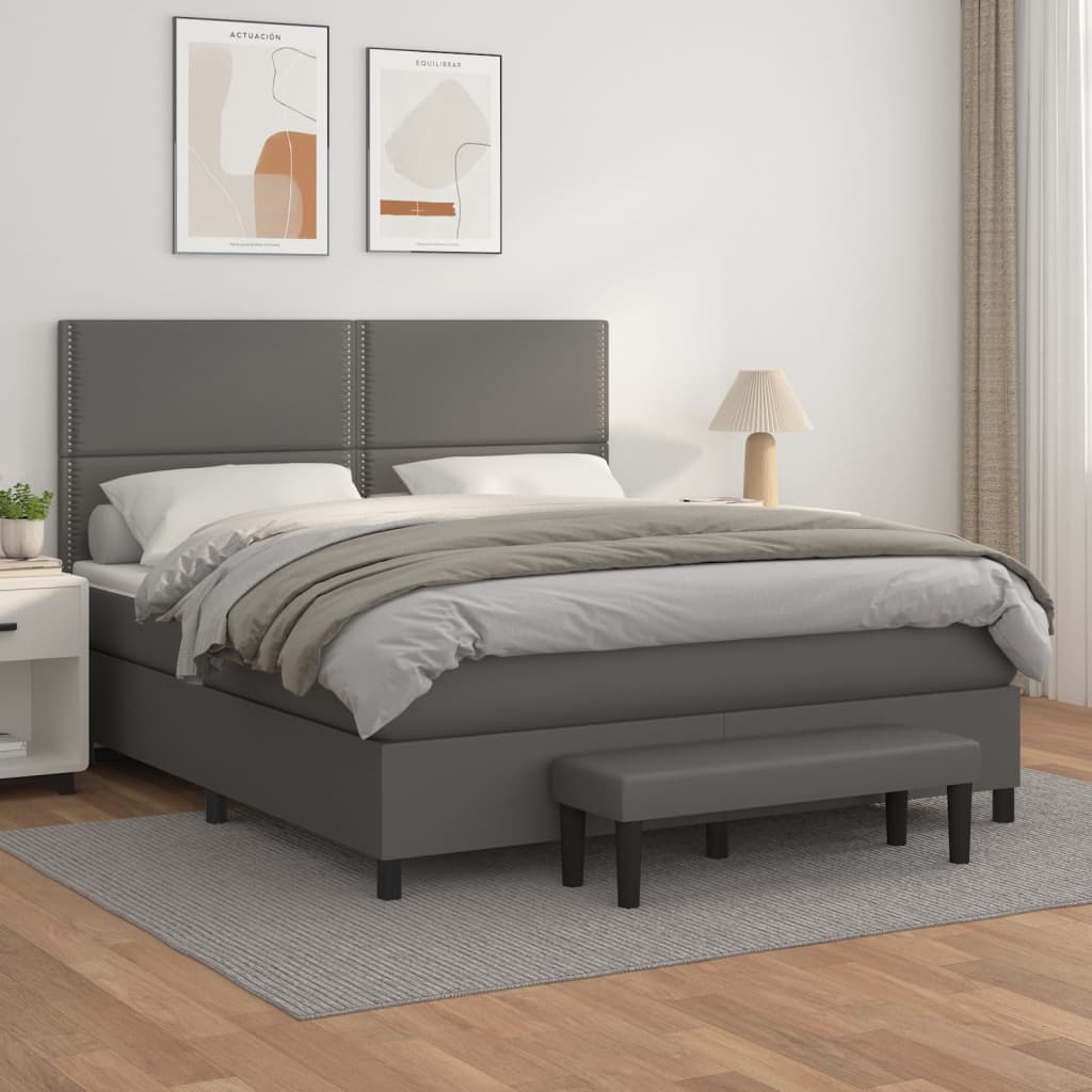 vidaXL Pat box spring cu saltea, gri, 160x200 cm, piele ecologică