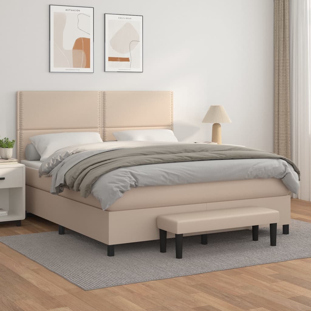 vidaXL Pat box spring cu saltea, cappuccino, 160x200cm piele ecologică