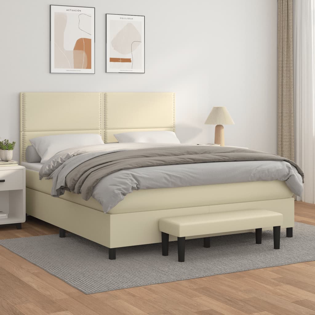 Pat box spring cu saltea, crem, 180x200 cm, piele ecologică