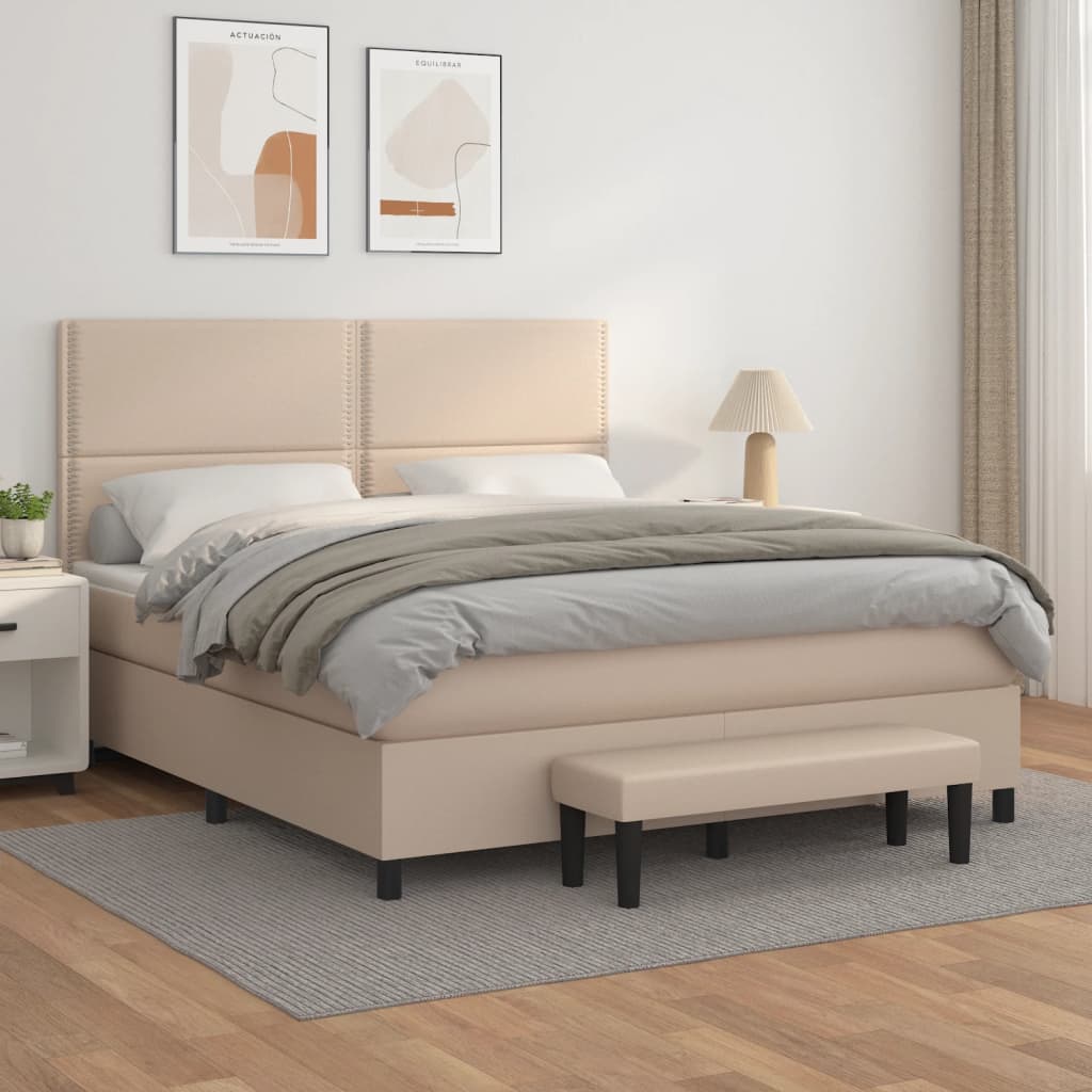 vidaXL Pat box spring cu saltea, cappuccino, 180x200cm piele ecologică