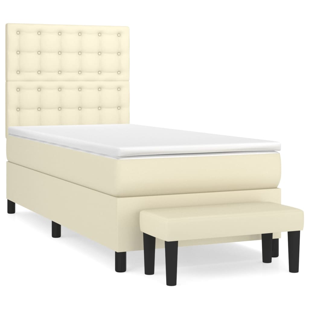 Pat box spring cu saltea, crem, 80x200 cm, piele ecologică