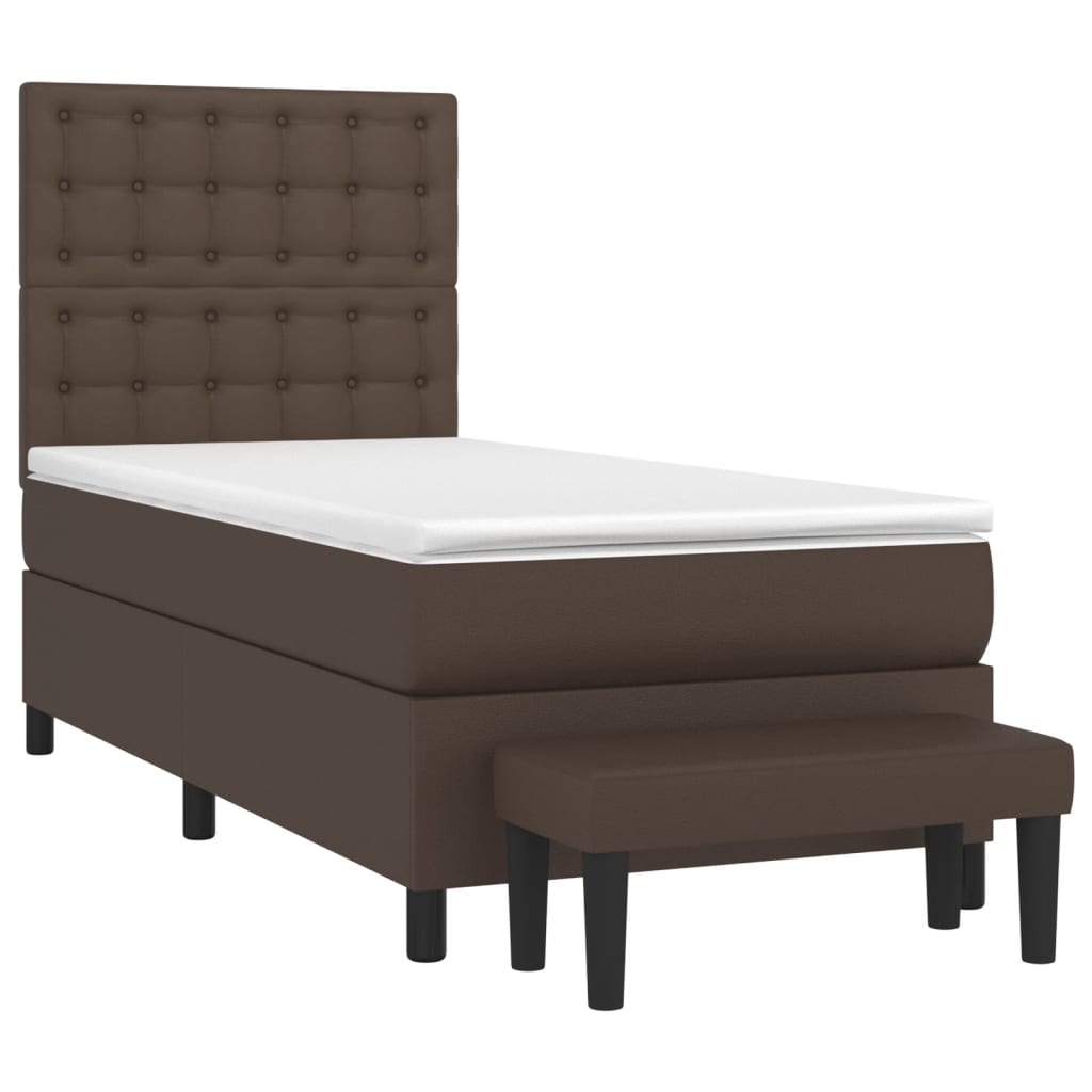 Pat box spring cu saltea, maro, 80x200 cm, piele ecologică