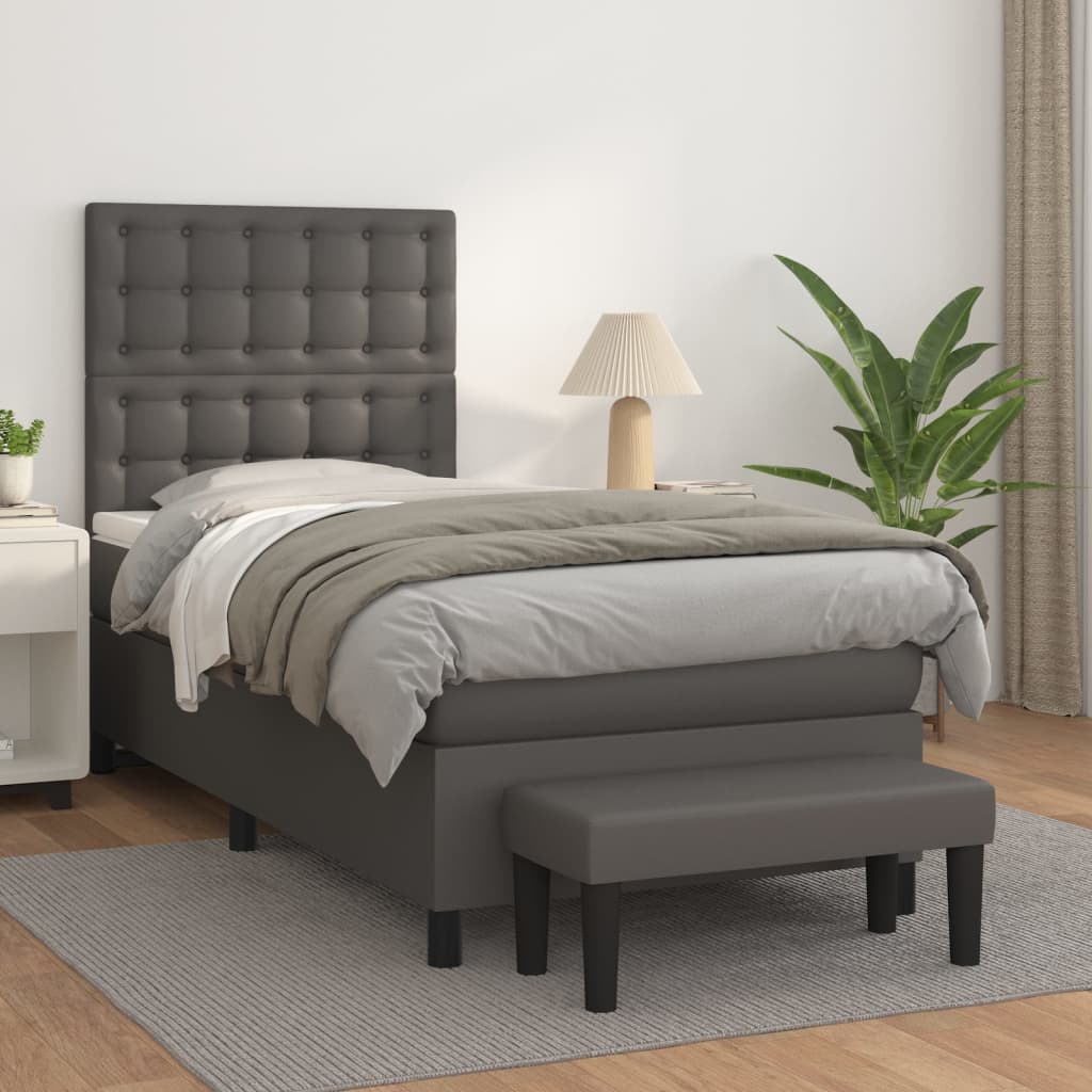 vidaXL Pat box spring cu saltea, gri, 90x190 cm, piele ecologică