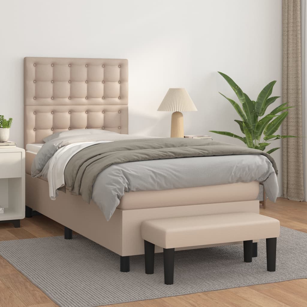 vidaXL Pat box spring cu saltea, cappuccino, 90x190 cm piele ecologică