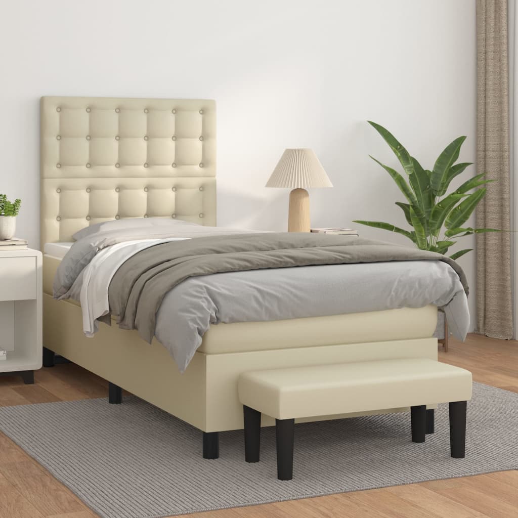 vidaXL Pat box spring cu saltea, crem, 90x200 cm, piele ecologică