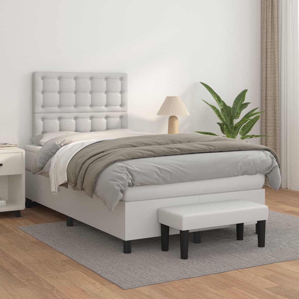 vidaXL Pat box spring cu saltea, alb, 120x200 cm, piele ecologică