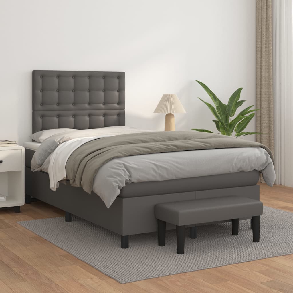 vidaXL Pat box spring cu saltea, gri, 120x200 cm, piele ecologică