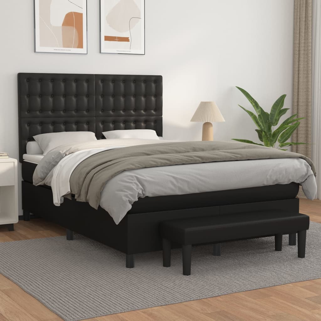 vidaXL Pat box spring cu saltea, negru, 140x190 cm, piele ecologică