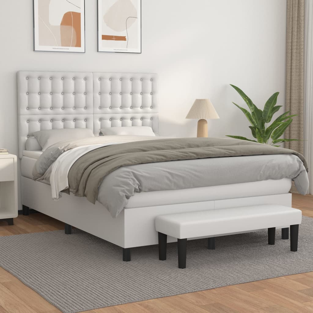 vidaXL Pat box spring cu saltea, alb, 140x190 cm, piele ecologică