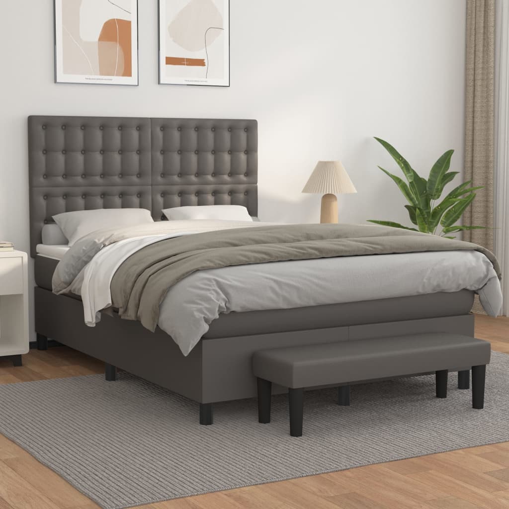 vidaXL Pat box spring cu saltea, gri, 140x190 cm, piele ecologică