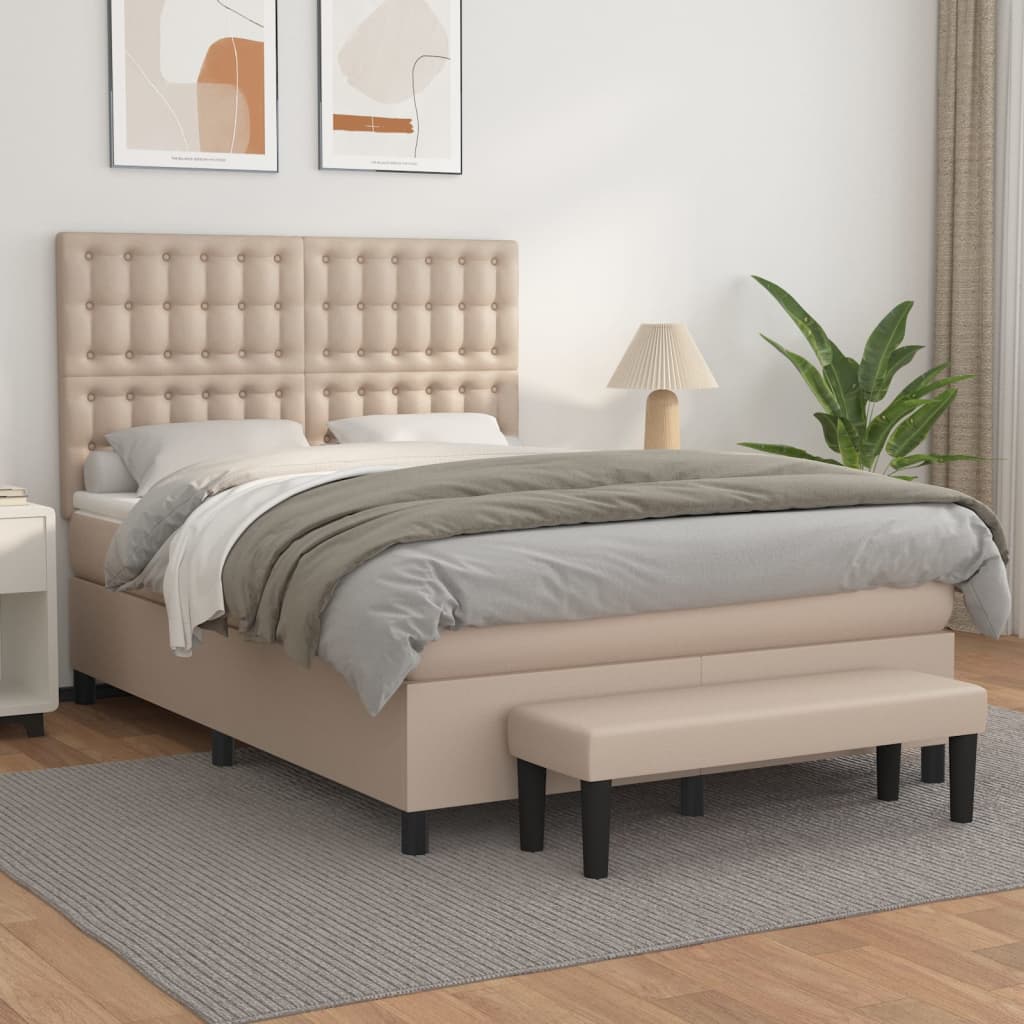 vidaXL Pat box spring cu saltea, cappuccino, 140x200cm piele ecologică