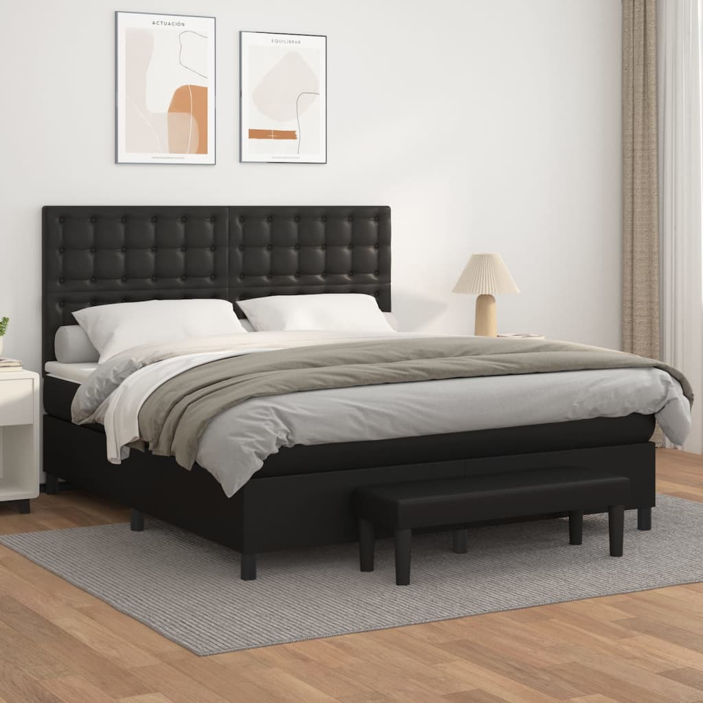 vidaXL Pat box spring cu saltea, negru, 160x200 cm, piele ecologică