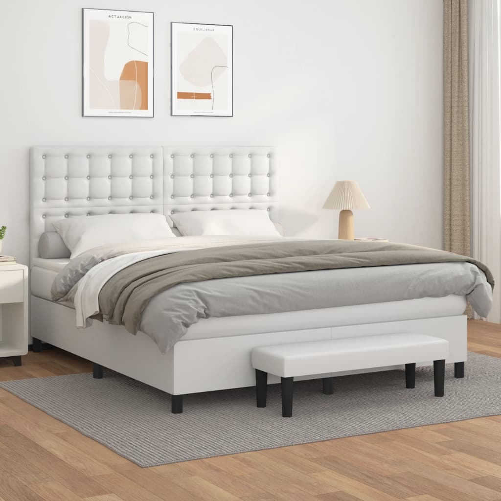 vidaXL Pat box spring cu saltea, alb, 160x200 cm, piele ecologică